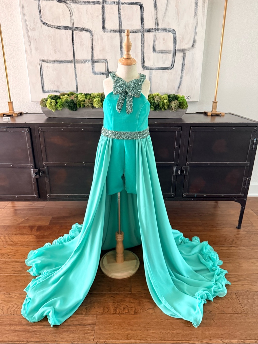 Girls Teal Jewel-Trim High-Low Formal Dress with Bow